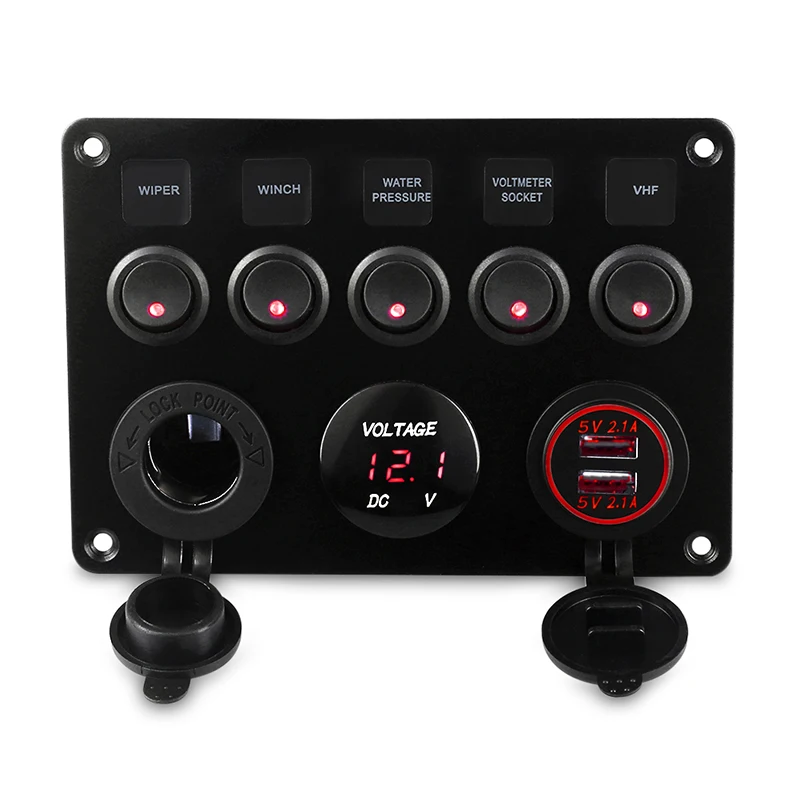 12V 20A 24V 10A 5 Gang boat switch panel 3-30V + 12V Power Outlet Voltmeter + 4.2A Dual USB Charger For Car Boat Marine RV Truck
12V 20A 24V 10A 5 Gang boat switch panel 3-30V + 12V Power Outlet Voltmeter + 4.2A Dual USB Charger For Car Boat Marine RV Truck