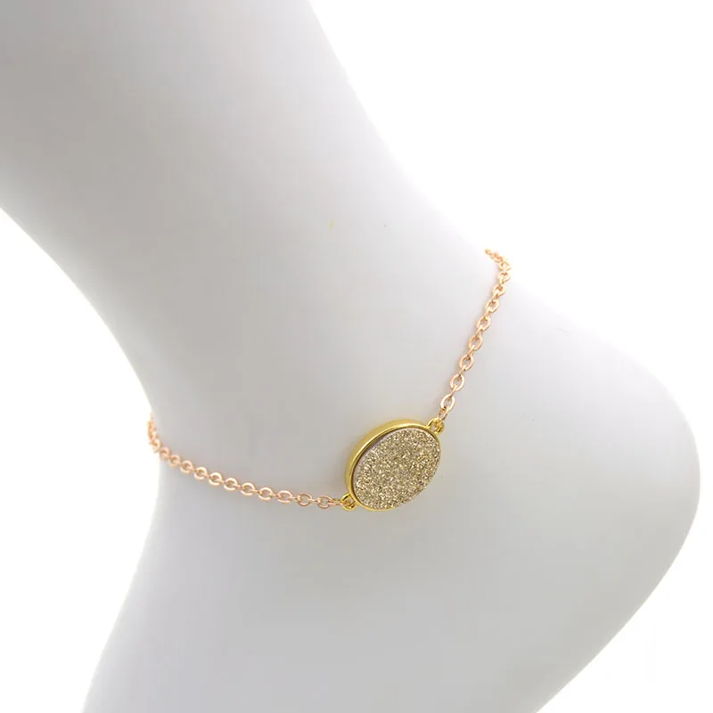 Женский ножной браслет WELLMORE простой недорогой с овальным камнем и золотыми