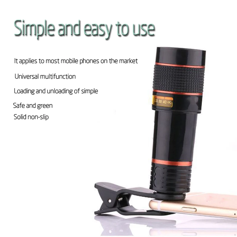 Clip-on 12x Optical Zoom Mobile Phone Telescope Lens HD Telescope Camera Lens For Universal Mobile Phone
Clip-on 12x Optical Zoom Mobile Phone Telescope Lens HD Telescope Camera Lens For Universal Mobile Phone