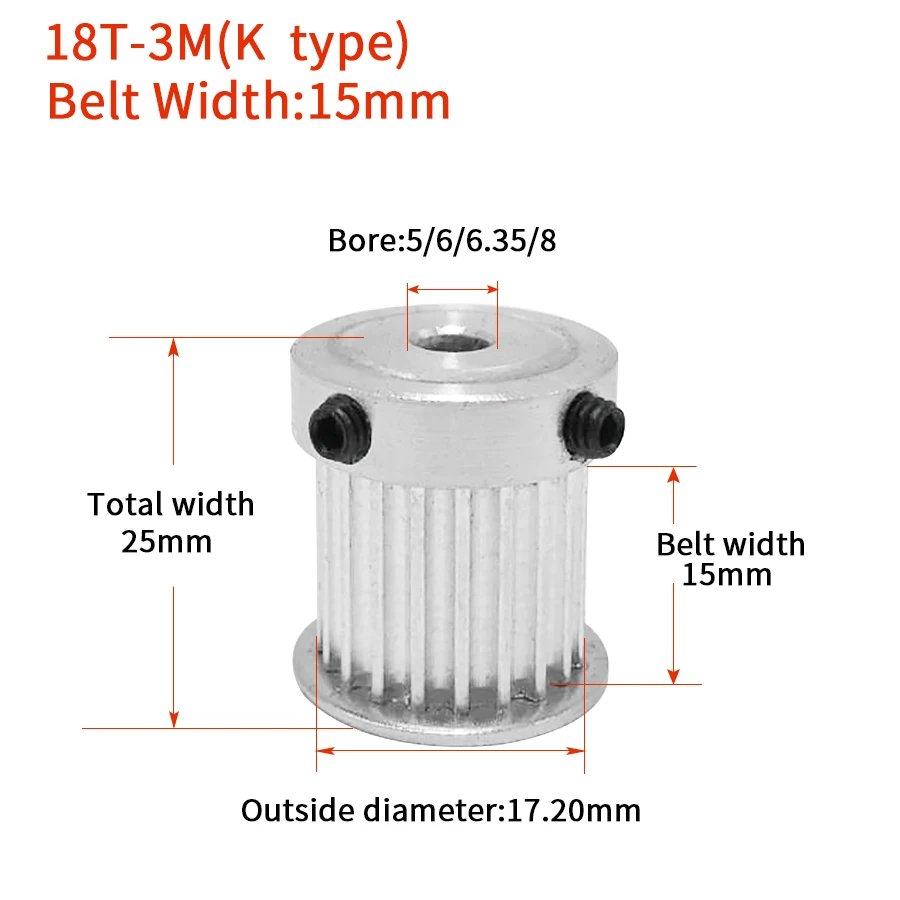 1pcs HTD 3M Timing Pulley 18 Teeth Bore 5/6/6.35/8mm for Width 15mm 3M Synchronous belt HTD3M Pulley 18Teeth 18T CNC K type
1pcs HTD 3M Timing Pulley 18 Teeth Bore 5/6/6.35/8mm for Width 15mm 3M Synchronous belt HTD3M Pulley 18Teeth 18T CNC K type