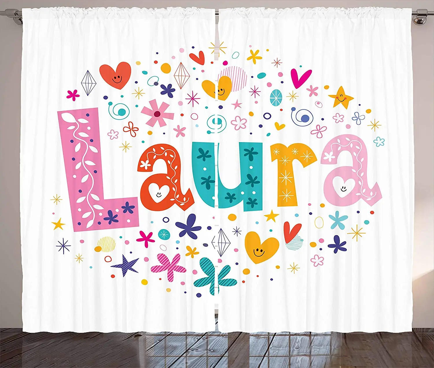 Laura Curtains Baby Girl Name with Vintage Doodle Style Flowers and Stars Colorful Illustration Living Room Bedroom Window
Laura Curtains Baby Girl Name with Vintage Doodle Style Flowers and Stars Colorful Illustration Living Room Bedroom Window