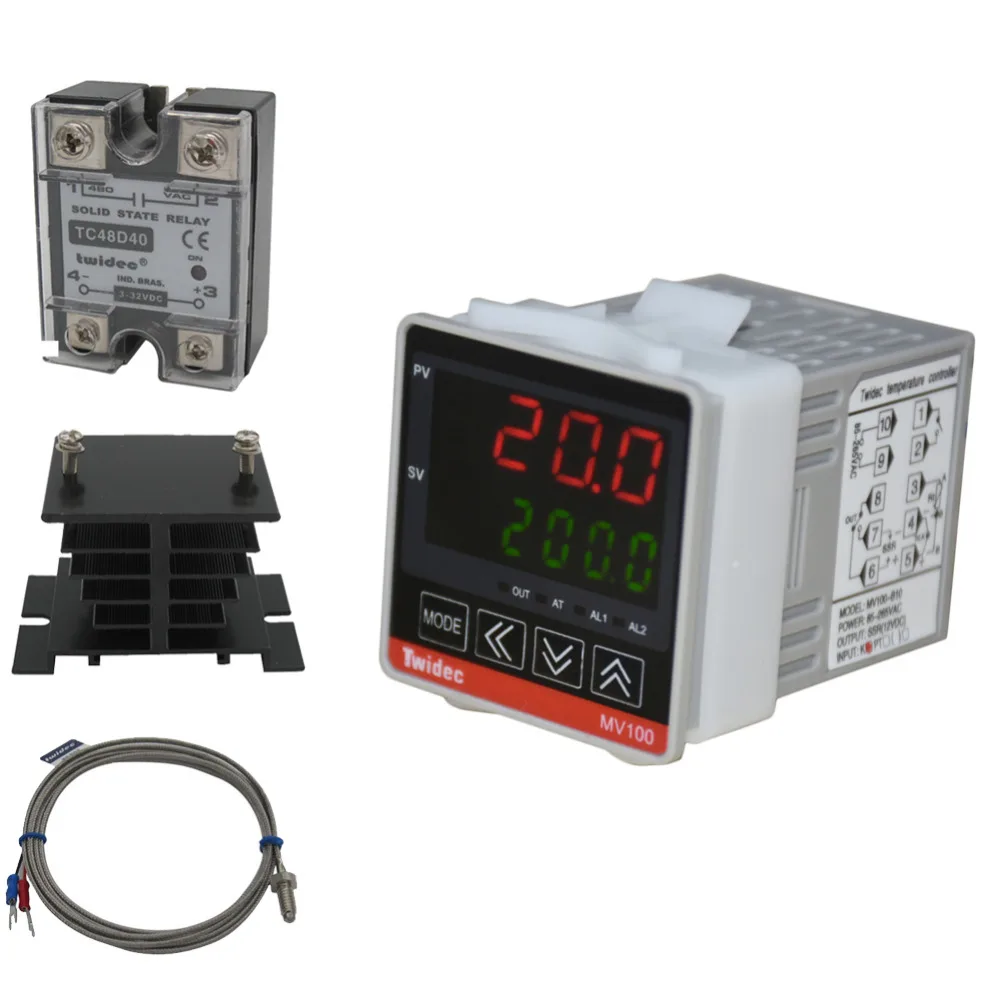 TWTADE/ MV100-B10 Digital Display PID Thermostat AC 85V - 265V with K Sensor Thermocouple with Heat Sink and Solid State Relay
TWTADE/ MV100-B10 Digital Display PID Thermostat AC 85V - 265V with K Sensor Thermocouple with Heat Sink and Solid State Relay