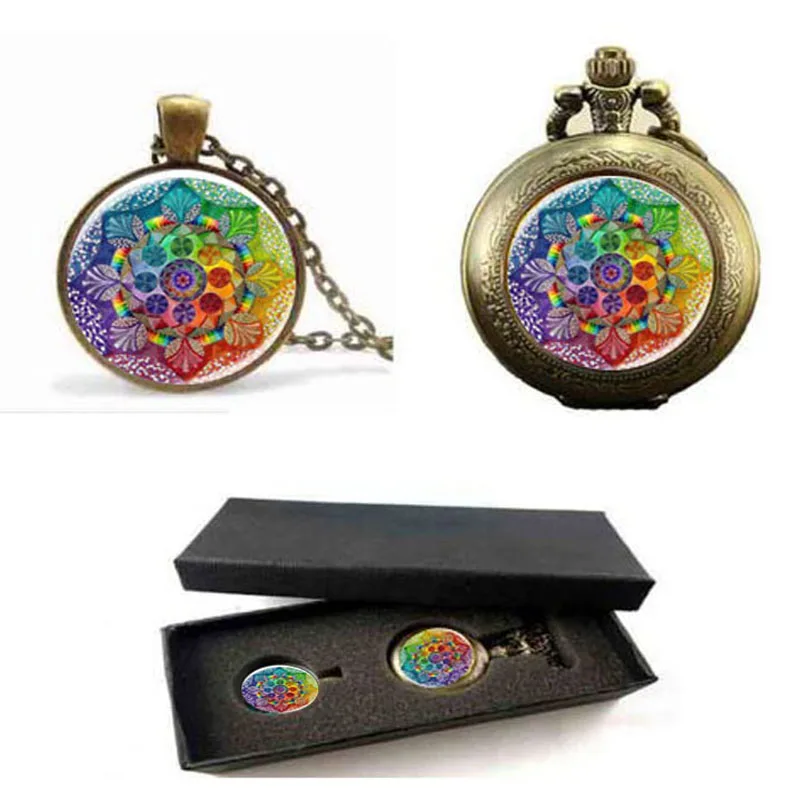 

1set/lot henna yaga necklace om symbol buddhism Mandala Pendant Art Jewelry Glass Photo Necklace pocket watch with free box