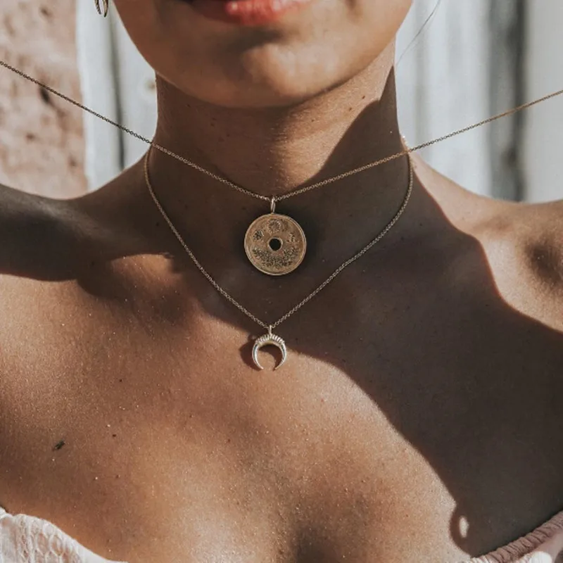 Bohemian Gold Color Double Layered Necklace Women Round Coin Moon Pendant Necklaces Female Metal Sequins Jewelry
Bohemian Gold Color Double Layered Necklace Women Round Coin Moon Pendant Necklaces Female Metal Sequins Jewelry