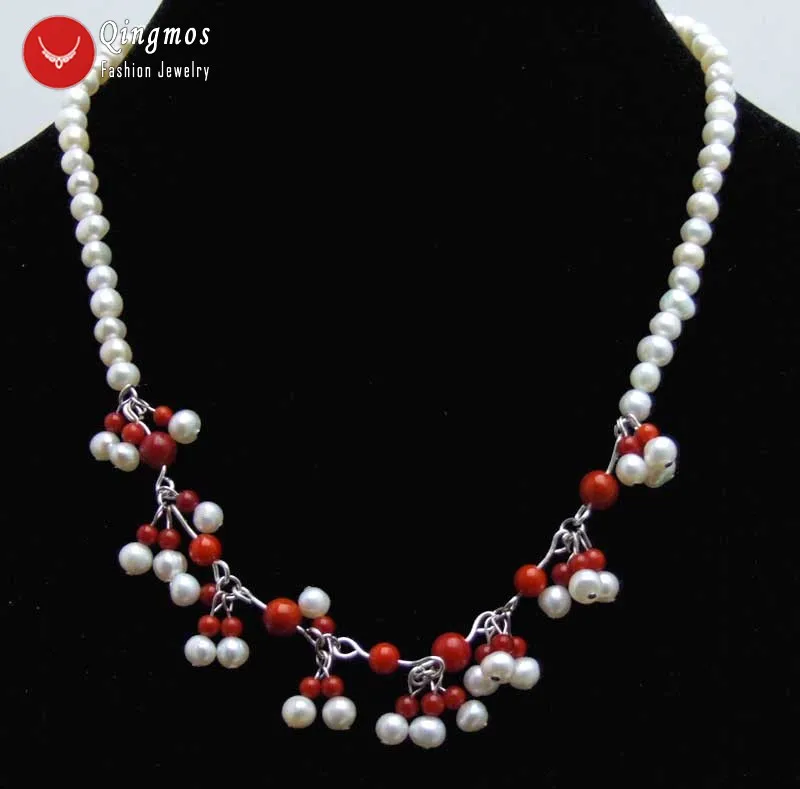 

Qingmos Trendy Natural Pearl Chokers Necklace for Women with 5-6mm White Pearl and 3-7mm Red Coral Pendant Necklace 17'' nec6323