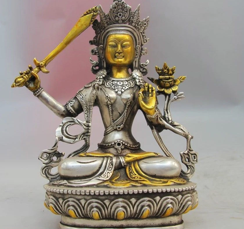 Tibet Buddhism White Copper Silver Manjusri Bodhisattva Manjushri Buddha Statue 21cm
Tibet Buddhism White Copper Silver Manjusri Bodhisattva Manjushri Buddha Statue 21cm