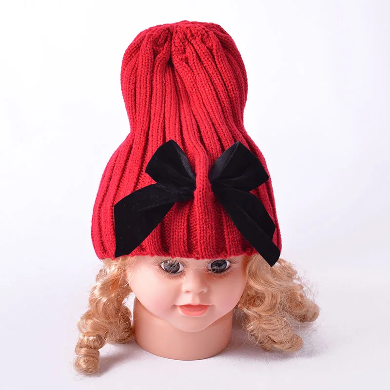 Вязаная шапка для маленьких девочек с большим бантом осенне зимняя теплая