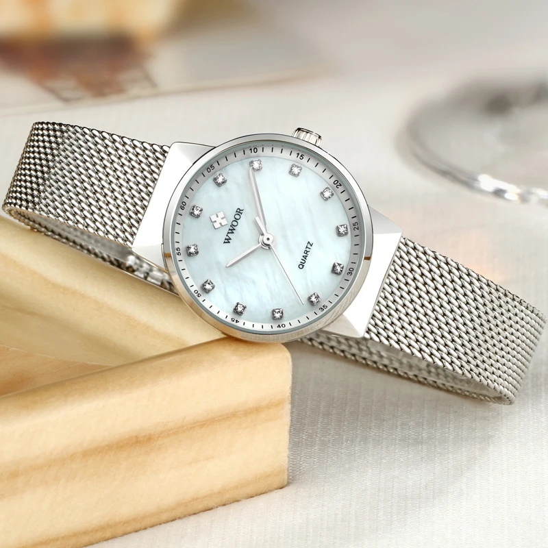 Женские часы лучший бренд класса люкс WWOOR алмаз серебро женские наручные Простой