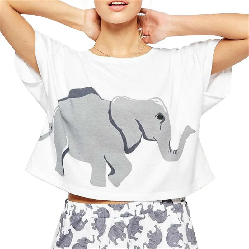 Фото Летняя футболка Для женщин слон с узором короткая рубашка Femme топы круглым вырезом Повседневное короткий