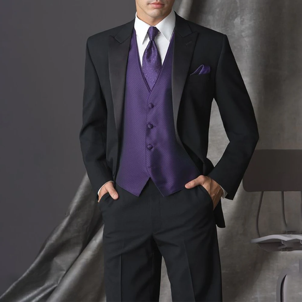 Фото Смокинг для жениха на заказ черные костюмы с пиковым отворотом и фиолетовым