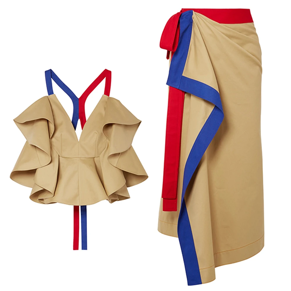 LXUNYI Newest Khaki Sexy Two Piece Set Summer 2019 Ruffles Crop Top And Skirt Women Lace Up V Neck Patchwork Female Sets Costume |