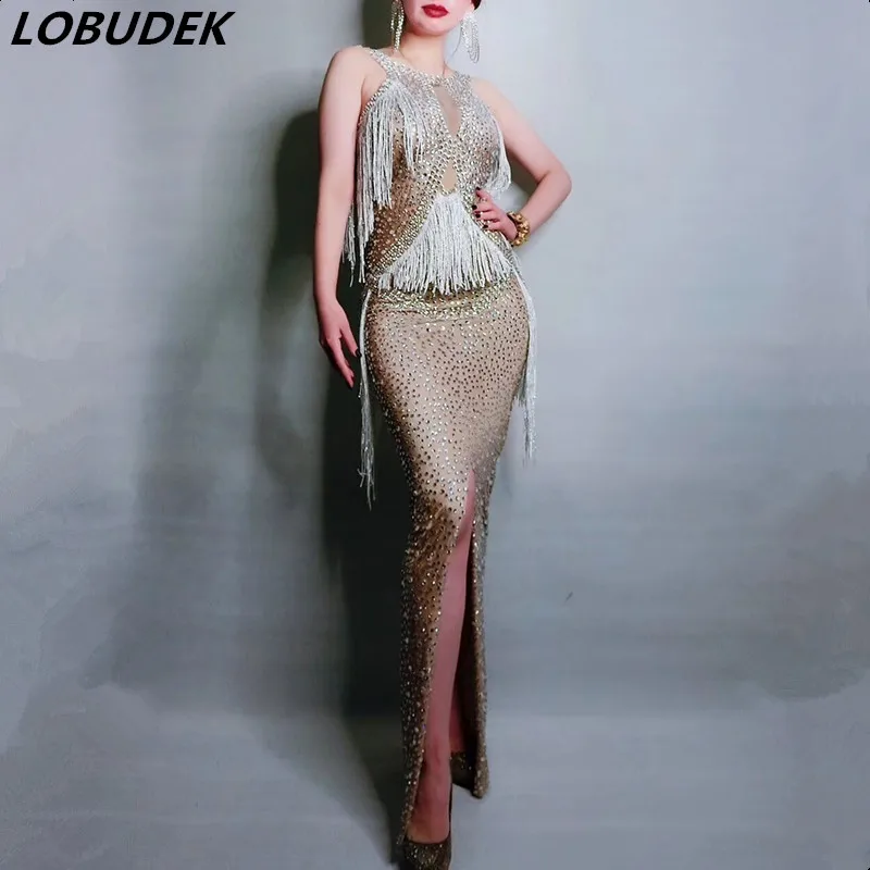 Summer Sleeveless Rhinestones Tassels Long Dress Women Crystals Fringes Skinny Dress Prom Birthday Concert Singer Host Costume
Summer Sleeveless Rhinestones Tassels Long Dress Women Crystals Fringes Skinny Dress Prom Birthday Concert Singer Host Costume
