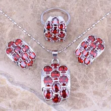 Red Garnet Silver Plated Jewelry Sets Earrings Pendant Ring Size 5 / 6 / 7 / 8 / 9 / 10 S0011