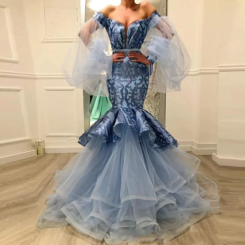Sky Blue Mermaid Evening Formal Dresses Tiered Ruffles Unique Prom Gowns Off Shoulder Party Dress robe de soiree Abendkleider
Sky Blue Mermaid Evening Formal Dresses Tiered Ruffles Unique Prom Gowns Off Shoulder Party Dress robe de soiree Abendkleider