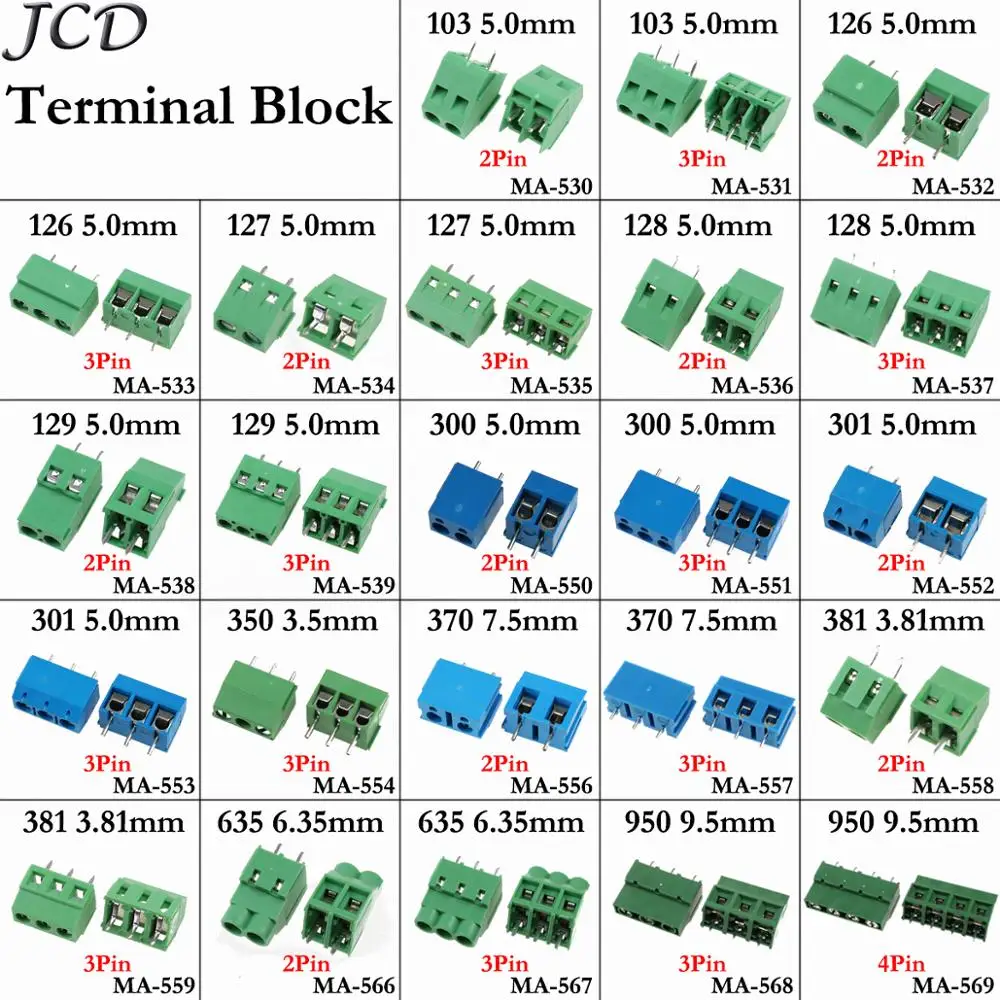 JCD Pitch 5.0/3.5/7.5/3.81/6.35/9.5mm Straight Pin 2P 3P 4Pin Screw PCB Terminal Block Connector Blue Green
JCD Pitch 5.0/3.5/7.5/3.81/6.35/9.5mm Straight Pin 2P 3P 4Pin Screw PCB Terminal Block Connector Blue Green