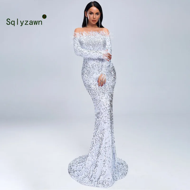 Women Sexy Off Shoulder Feather Long Sleeve Sequin Floor Length Evening Party Maxi Reflective Sparkling Mariage Dress Vestdios
Women Sexy Off Shoulder Feather Long Sleeve Sequin Floor Length Evening Party Maxi Reflective Sparkling Mariage Dress Vestdios