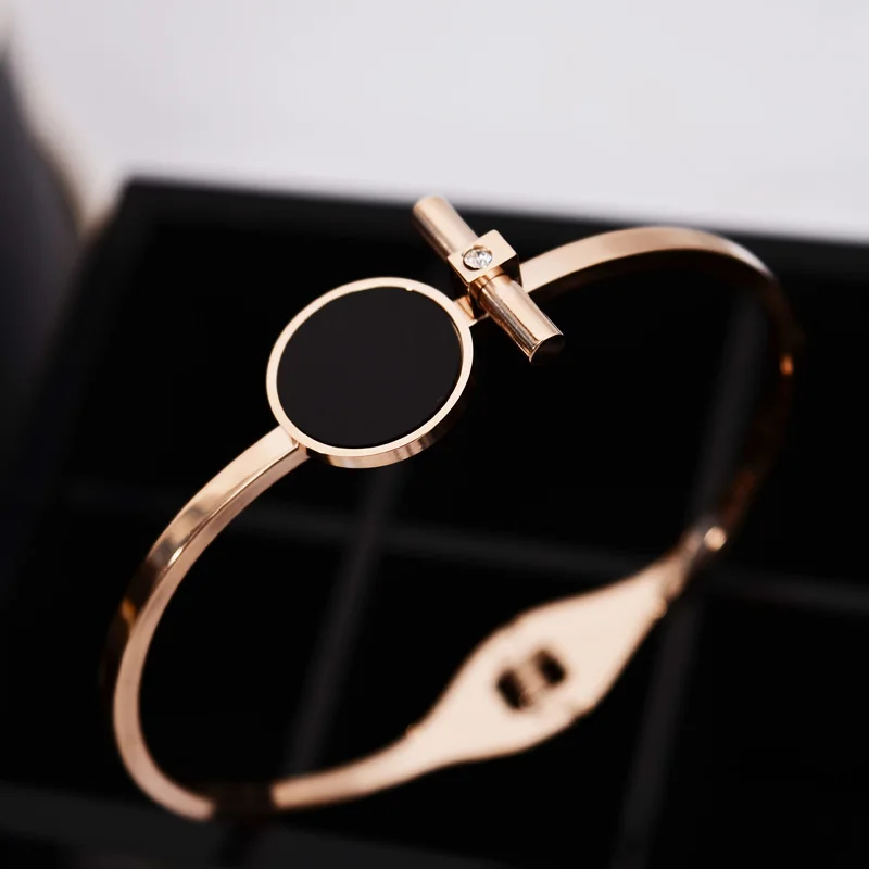 

YUN RUO Woman Personality Black Round Bangles Rose Gold Color 316 L Stainless Steel Valentine's Girlfriend Gift Never Fade 2017