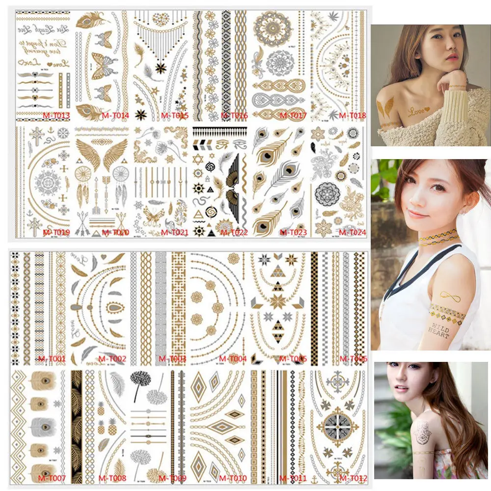 24pcs Lot Necklace Sleeve Body Leg Temporary Metallic Tattoo Stickers Stencils Cool Waterproof Glitter Golden Tattoos Inspired
24pcs Lot Necklace Sleeve Body Leg Temporary Metallic Tattoo Stickers Stencils Cool Waterproof Glitter Golden Tattoos Inspired