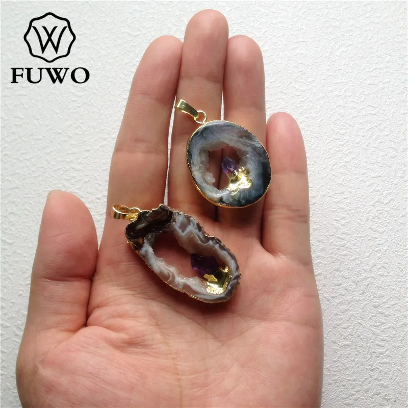 FUWO Geode Slice With Amethysts Point Pendant 24k Gold Electroplate Edge Polished Black Gray Drusy Crystal Charm Jewelry PD130
FUWO Geode Slice With Amethysts Point Pendant 24k Gold Electroplate Edge Polished Black Gray Drusy Crystal Charm Jewelry PD130