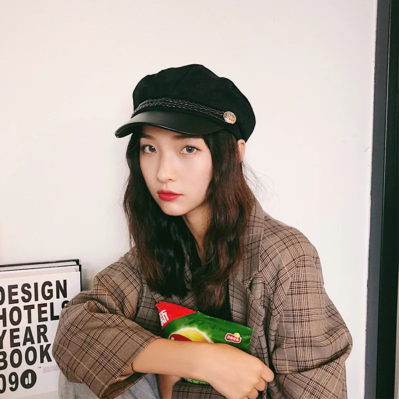 2018 осень-зима Винтаж вельвет ПУ Кнопка шляпа для Для женщин военная Gorras Планас