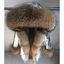 Genuine Silver Fox Fur Collar Hooded Long Casual Parkas Women Winter Real Raccoon Fur Lining Coat Jacket
