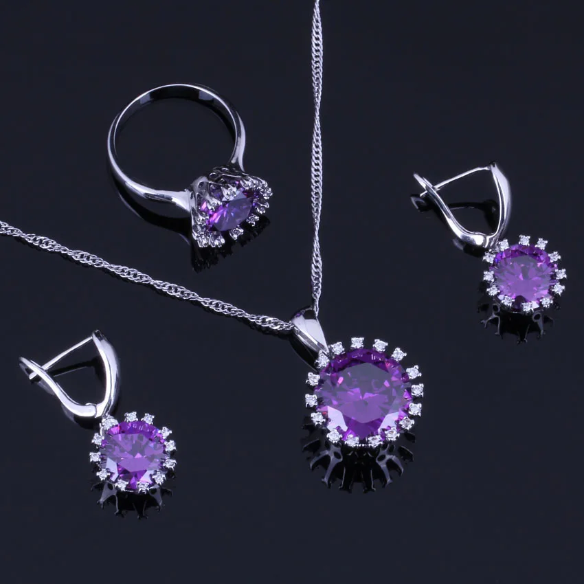 Fabulous Round Purple Cubic Zirconia White CZ Silver Plated Jewelry Sets Earrings Pendant Chain Ring V0281
Fabulous Round Purple Cubic Zirconia White CZ Silver Plated Jewelry Sets Earrings Pendant Chain Ring V0281