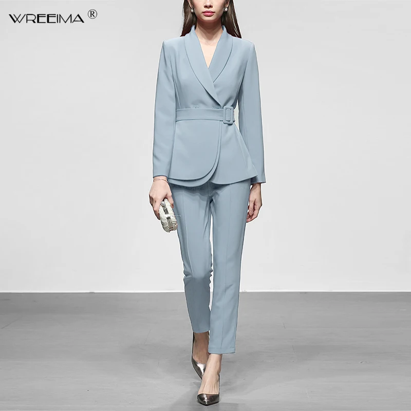 Runway Designer 2019 Spring 2 Piece Set Women Elegant Turn Down Collar Slim blue Blazers Coat + Ankle Length Pencil Pants Suits | Женская