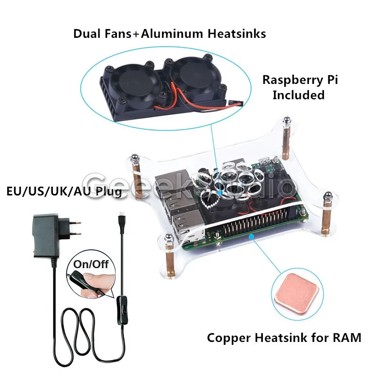 Raspberry Pi 3 Model B Starter Kit +Acrylic Clear Case Enclosure Shell + 5V 2.5A Switch Power Supply + Cooling Fan & Heatsinks
Raspberry Pi 3 Model B Starter Kit +Acrylic Clear Case Enclosure Shell + 5V 2.5A Switch Power Supply + Cooling Fan & Heatsinks