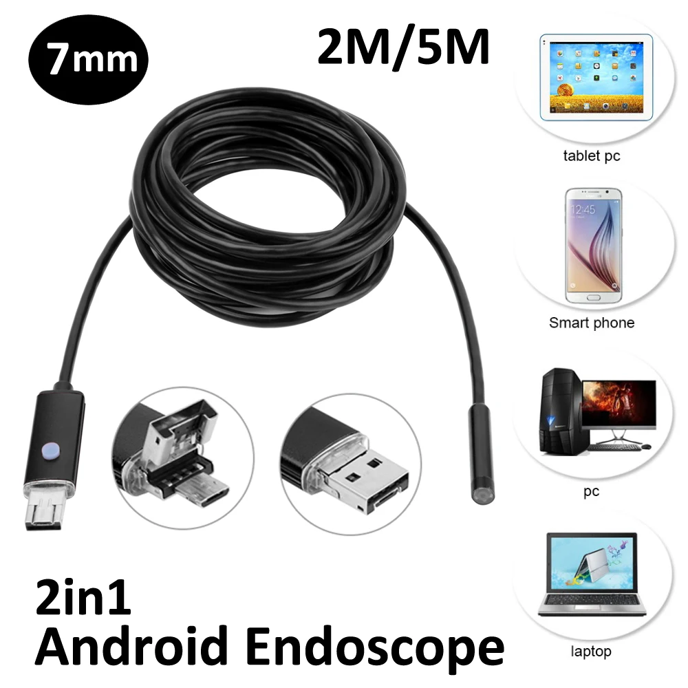 New Arrival 7mm 2in1 Android USB Endoscope Camera 2M 5M OTG Micro USB Snake Tube Inspection Borescope IP68 Waterproof 6PC LED
New Arrival 7mm 2in1 Android USB Endoscope Camera 2M 5M OTG Micro USB Snake Tube Inspection Borescope IP68 Waterproof 6PC LED