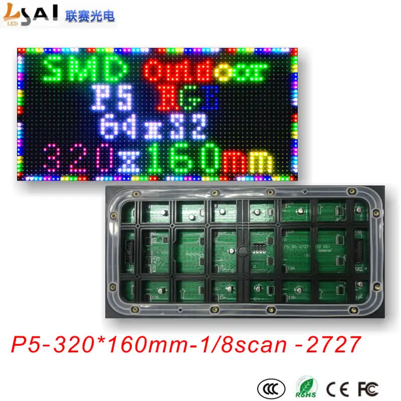 P5 LED screen panel module 320*160mm 64*32 pixels 1/8 Scan Outdoor 3in1 SMD Full color P5 LED display panel module
P5 LED screen panel module 320*160mm 64*32 pixels 1/8 Scan Outdoor 3in1 SMD Full color P5 LED display panel module