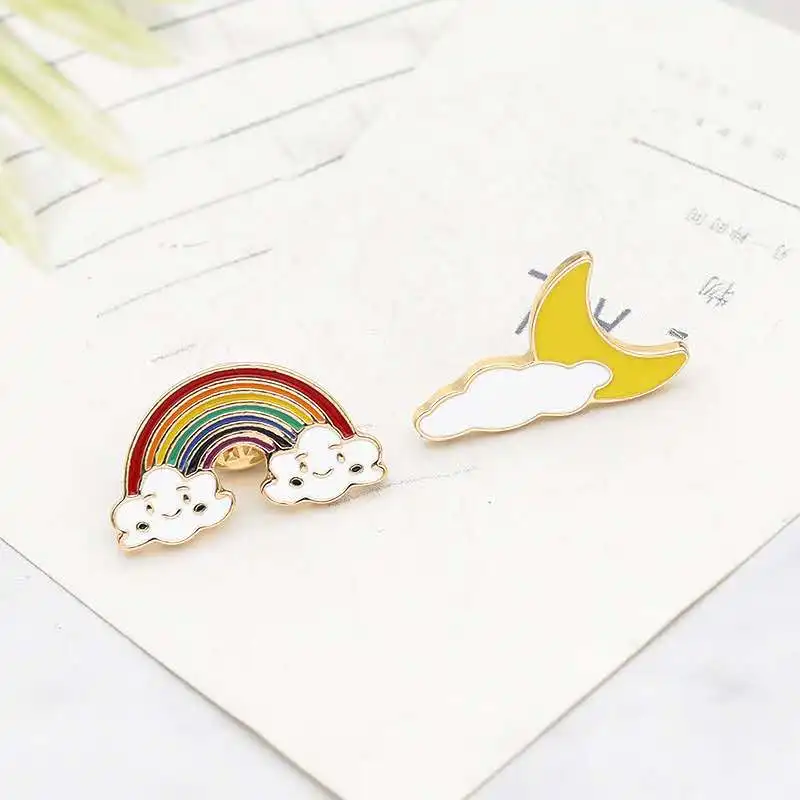 Cartoon Cute Rainbow and Moon Brooch Men Enamel Pin Brooches Women Creative Rainbows Clouds Metal Pins Denim Badge Decoration | Украшения и