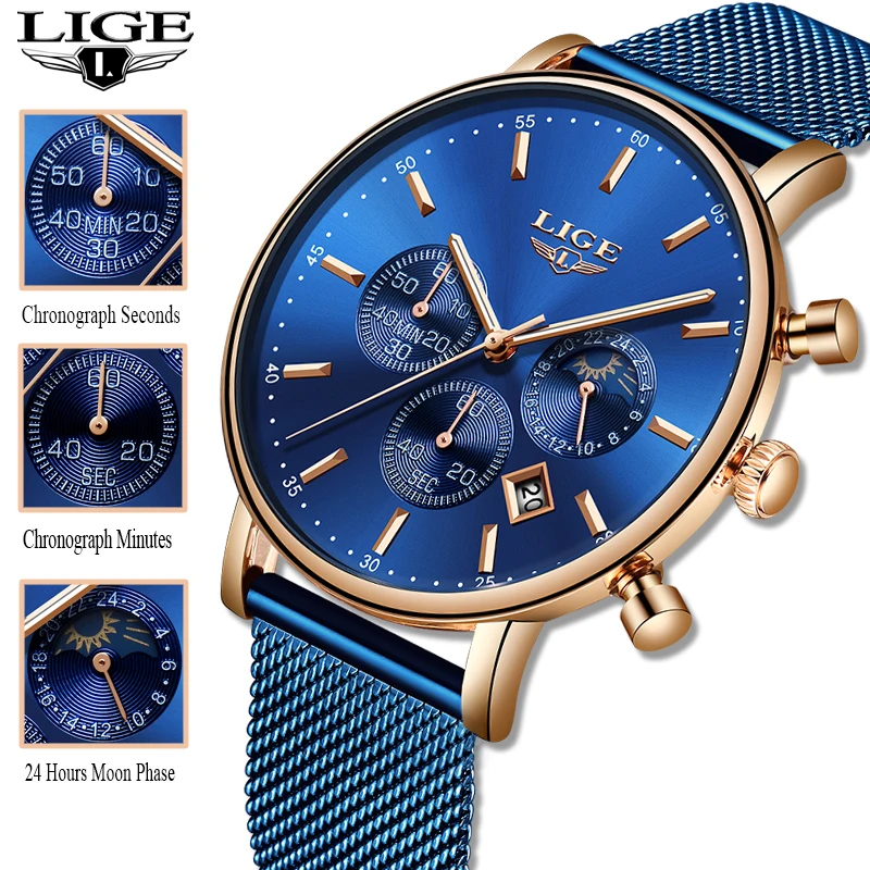 Женские повседневные водонепроницаемые наручные часы LIGE синие кварцевые с сетчатым ремешком Reloj Mujer