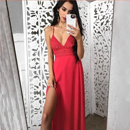 

Boho Women Chic Dress Backless Halter V Neck Maxi Beach Bohemia Dresses Sundress Women Solid Criss Cross Backless Split Dress