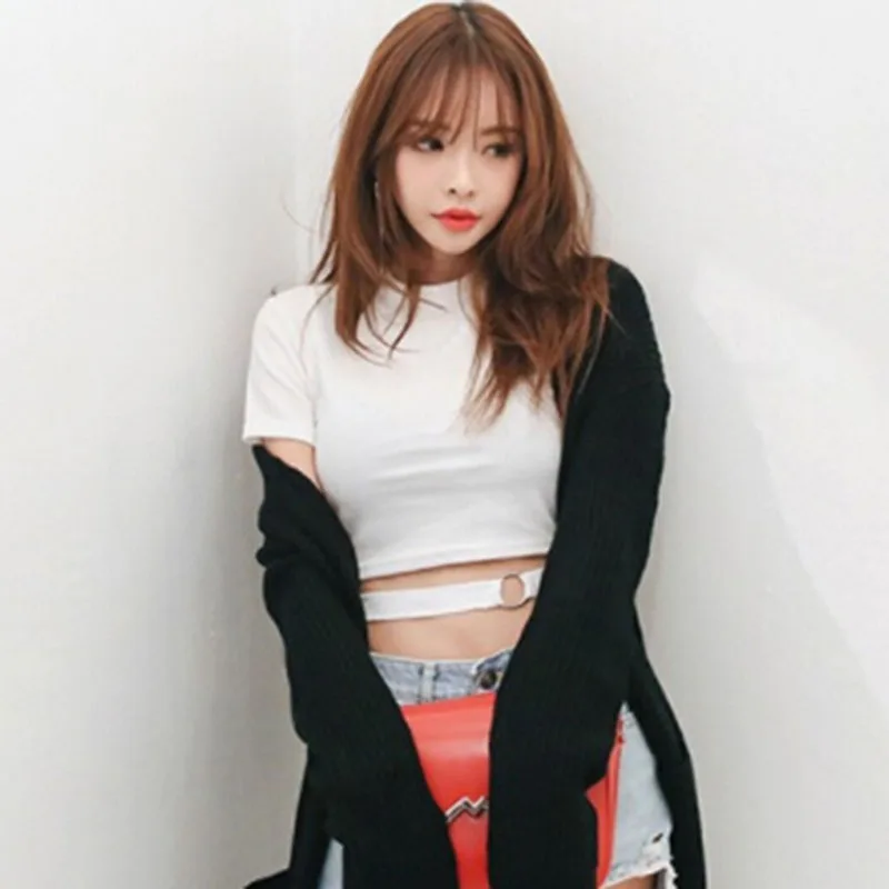 Slim umbilical women's T-shirt sexy short-sleeved metal ring decoration TShirt O-neck cropped T shirt solid color code 2019
Slim umbilical women's T-shirt sexy short-sleeved metal ring decoration TShirt O-neck cropped T shirt solid color code 2019