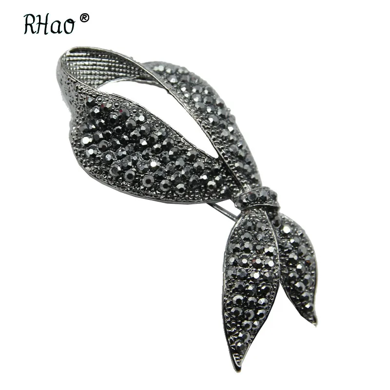 RHao Simple Black Rhinestone Bow Brooches Retro Crystal Ribbon Bowknot brooches for Women clothes hat jewelry pins corsage | Украшения и
