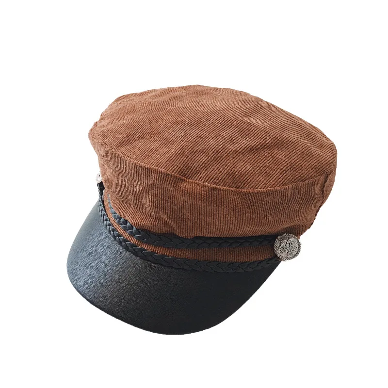 2018 осень-зима Винтаж вельвет ПУ Кнопка шляпа для Для женщин военная Gorras Планас