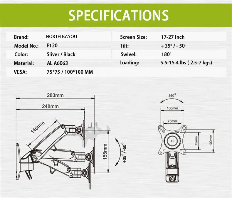 Free Shipping Gas Spring NB F120 for 17-27 inch Full Motion LCD LED Monitor Holder Aluminum Arm Bracket max loading 7 kgs
Free Shipping Gas Spring NB F120 for 17-27 inch Full Motion LCD LED Monitor Holder Aluminum Arm Bracket max loading 7 kgs