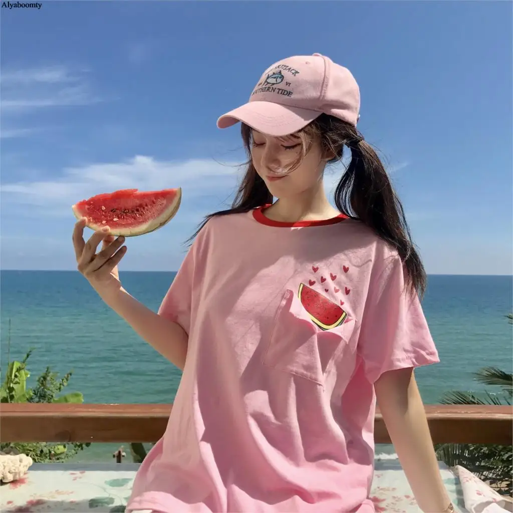Японский консервативный стиль женские летние милые футболки ананас арбуз