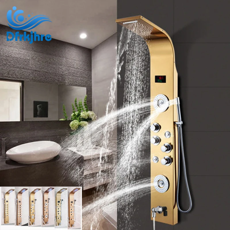 Gold Shower Panel LED Light Bathroom Six Functions Shower Column Tower Digital Screen Waterfall Shower Massage Spa Jets Tub
Gold Shower Panel LED Light Bathroom Six Functions Shower Column Tower Digital Screen Waterfall Shower Massage Spa Jets Tub