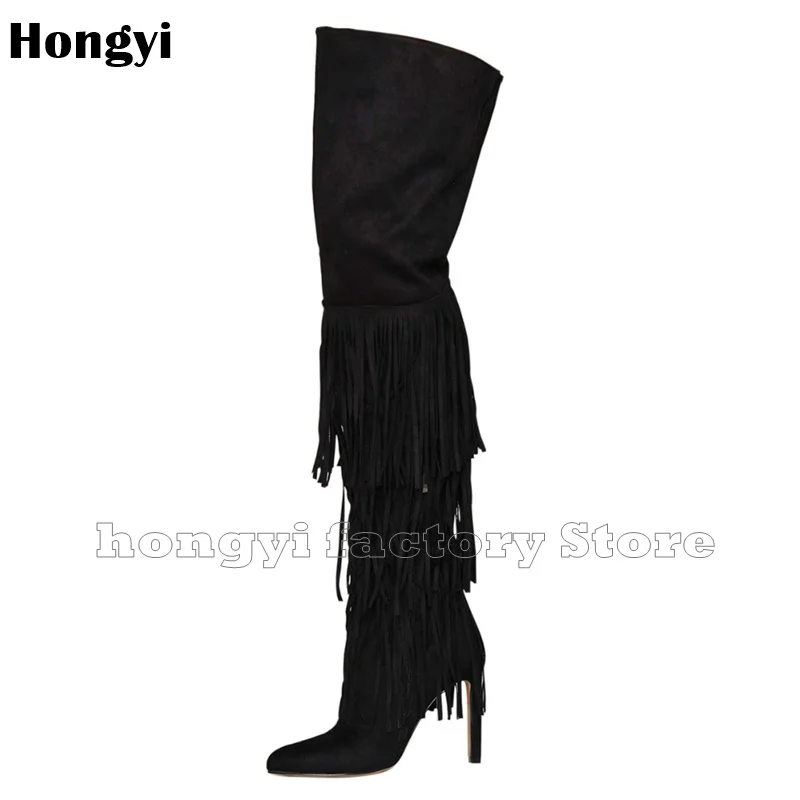 Fashion Winer Black Faux Suede Leather Long Fringe Thin High Heeled Boots Women Pointed Toe Stiletto Heel Thigh High Boot
Fashion Winer Black Faux Suede Leather Long Fringe Thin High Heeled Boots Women Pointed Toe Stiletto Heel Thigh High Boot