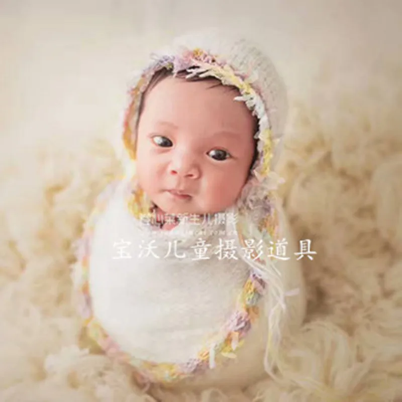 Newborn Lace Hat and Wrap outfit Knit Mohair Soft Baby Jersey Warp set Photography Props Layer Fabric | Мать и ребенок