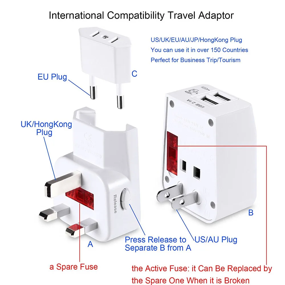 Daffodil WAP160 Universal World Travel Adapter with 2 USB Ports Over 150 Countries USB Power Adapter with UK/US/AU/EU Plugs
Daffodil WAP160 Universal World Travel Adapter with 2 USB Ports Over 150 Countries USB Power Adapter with UK/US/AU/EU Plugs