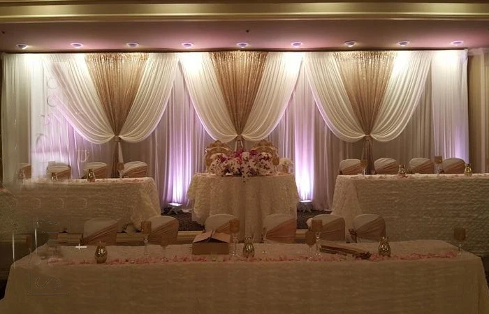 Luxury White color Wedding Backdrop with gold sequin Swag stage curtain marriage decoration
Luxury White color Wedding Backdrop with gold sequin Swag stage curtain marriage decoration