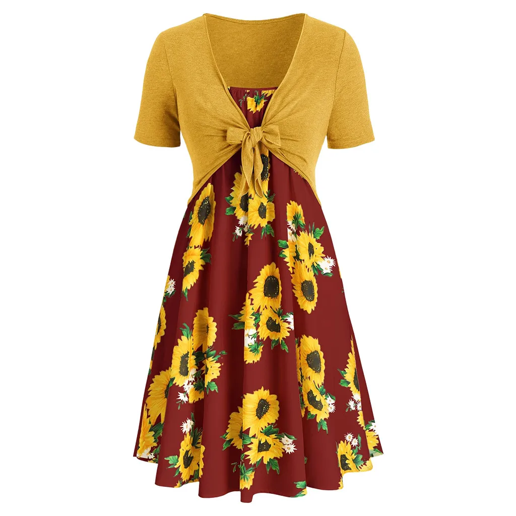 Fashion Women dresses Short Sleeve Bow Knot Bandage Top Sunflower Print Mini Beach Party Enening Dress Suits
Fashion Women dresses Short Sleeve Bow Knot Bandage Top Sunflower Print Mini Beach Party Enening Dress Suits