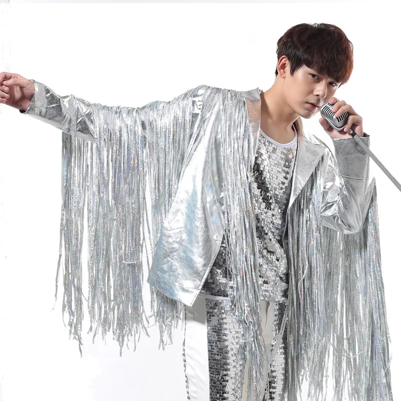 Band Rock Drum Men And Women Singer DJ Adult Show Tassel Punk Silver PU Leather Tank Tops Boys Male Show Costumes Hologram Coat
Band Rock Drum Men And Women Singer DJ Adult Show Tassel Punk Silver PU Leather Tank Tops Boys Male Show Costumes Hologram Coat