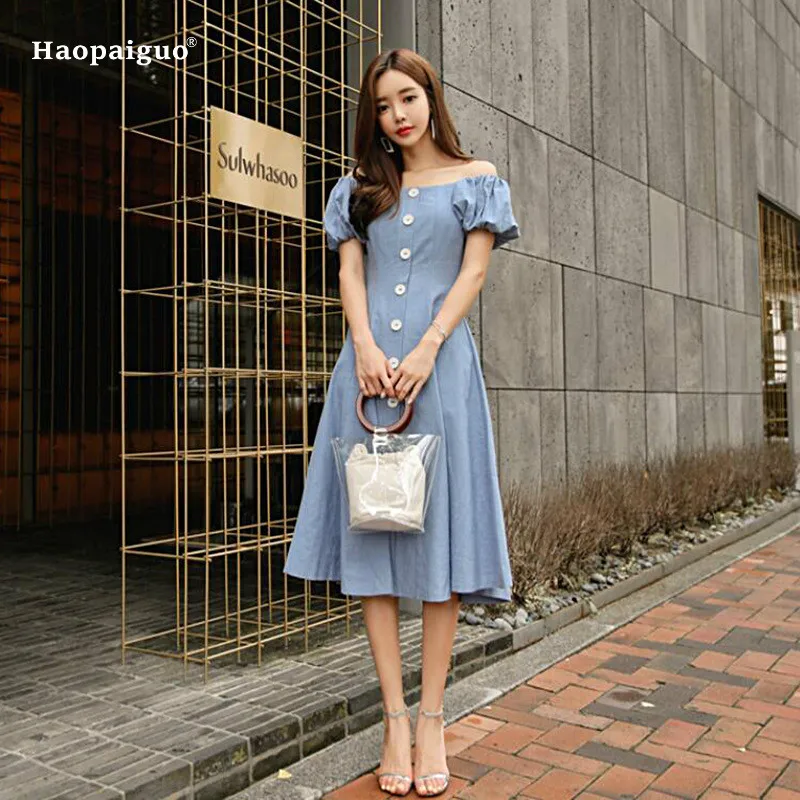 2020 Plus Size A-line Dress Summer Women Blue Short Lantern Sleeve Slash Neck Mid-calf Vintage Casual Dress Korean Party Dresses
2020 Plus Size A-line Dress Summer Women Blue Short Lantern Sleeve Slash Neck Mid-calf Vintage Casual Dress Korean Party Dresses