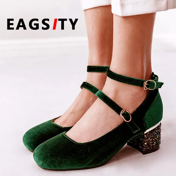 EAGSITY Velvet pumps Mary Jane shoes women block heels ankle strap sequined square heel ladies high dancing party |