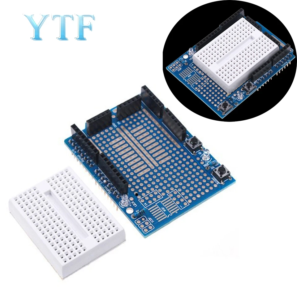 Shield prototype expansion board with SYB-170 mini bread board based For ARDUINO UNO ProtoShield
Shield prototype expansion board with SYB-170 mini bread board based For ARDUINO UNO ProtoShield