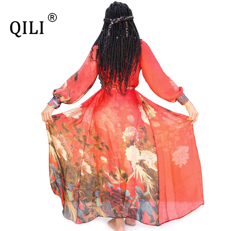 QILI Women Summer Beach Dress Noble Temperament Peony Print Chiffon Kimono Dresses Full Sleeve Loose Casual Dress With Belted
QILI Women Summer Beach Dress Noble Temperament Peony Print Chiffon Kimono Dresses Full Sleeve Loose Casual Dress With Belted