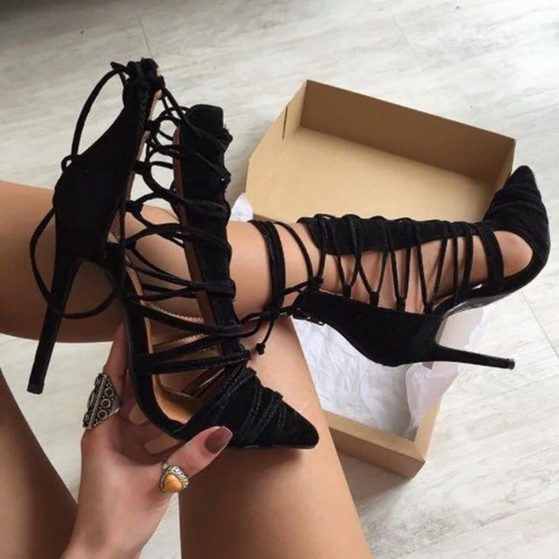 Lace-up Women Ankle Cross Pointed Poe Stiletto Heels Dress Shoes Braided Strap Sandals Sexy Black Hollow Cut-out Strappy Sandals
Lace-up Women Ankle Cross Pointed Poe Stiletto Heels Dress Shoes Braided Strap Sandals Sexy Black Hollow Cut-out Strappy Sandals
